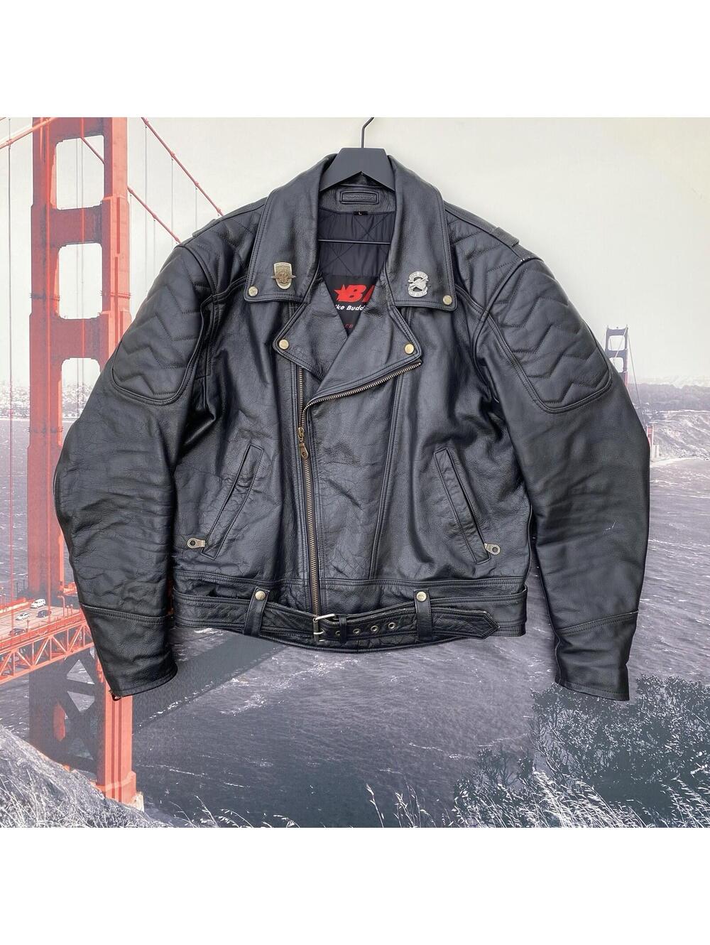 VTG BB Real Leather Jacket Black Biker Motorcycle Men’s L Heavy Belted Zip Pins